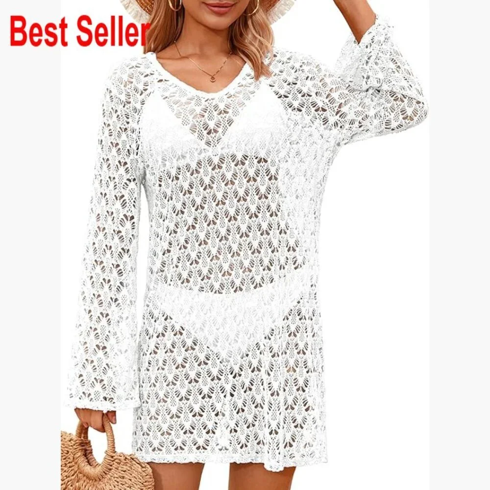 Polyester Spandex Crochet Swimsuit Coverup Dress V Neck Loose Fit